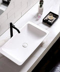 Top view of Slick Polished Artificial Stone Countertop Bathroom Sink With Integrated Drain Heavy Duty Oval Art Basin For Modern Vanity Cabinet Zero Hassle Scratch Proof Finish on marble countertop.