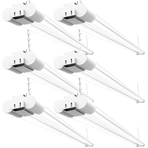 Six Pack LED Shop Lights For Workshop 4 Ft Linkable Garage Lighting 4500 Lumens 40W Equivalent 6000K Daylight Deluxe, suspension mounted