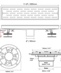 Technical drawing of 12 Inch Linear Shower Drain With Removable Brickwork Pattern Grate Adjustable Feet Hair Catcher Brushed Gold Finish