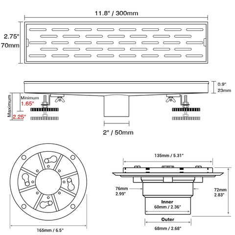 Technical drawing of 12 Inch Linear Shower Drain With Removable Brickwork Pattern Grate Adjustable Feet Hair Catcher Brushed Gold Finish