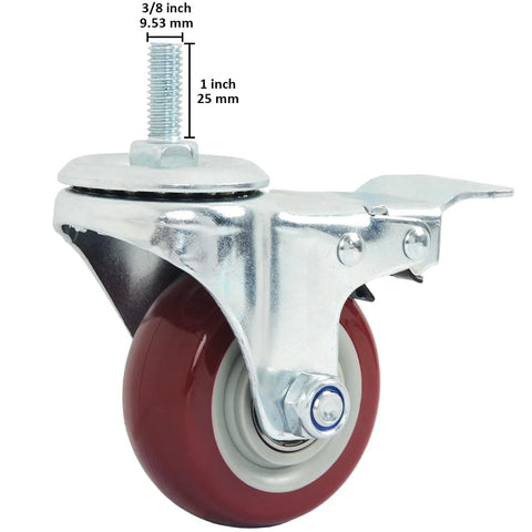 Swivel caster wheel, 3-inch red polyurethane wheel, metal frame, threaded stem with brake