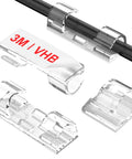 Clear Adhesive Cable Clips Set of 40 Medium Size No Drill Needed, Upgraded Wire Holders for Wall Desk Car PC and Christmas Lights, Strong Self Adhesive Cord Organizer for Indoor Outdoor Use. Close-up view of transparent cable clips with 3M adhesive, showing cable management applications.