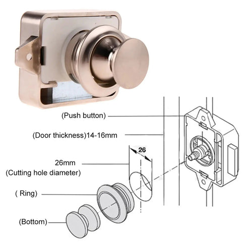 Keyless Push Button Latch For RV Cabinets And Camper Van Drawers, Chrome Zinc Alloy Locks, Spring Pop Button Design