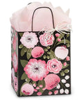 Moonlit Blooms Cub Size Paper Shopping Bags 8 By 4.75 By 10.25 Inches 200 Pack Eco Friendly White Kraft Gift Bags With Pink Flowers And Green Leaves Finish