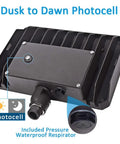 Back view of Bright 150W LED Outdoor Flood Light with 21000 Lumens, 5000K Daylight, showing dusk to dawn photocell feature.