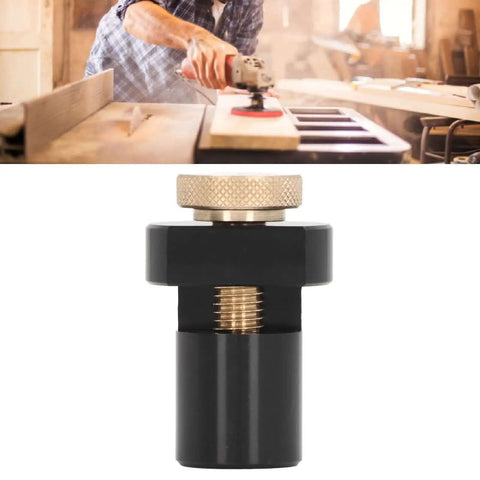 19mm Aluminum Alloy Workbench Stop with Thumb Screw on woodworking table, used for planing and sanding secure workpieces