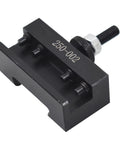 Angled side view of OXA 250-002 turning tool post holder, black metal, quick-change lathe tool holder