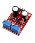 Five Pack NE555 Signal Generator Module Drops Sweet Square Waves Straight Up And Gets The Job Done Perfect For Stepper Motor Tweaks And Weekend Builds Runs Dead Solid On DC Five To Fifteen Volts, close-up of red PCB with capacitors and blue adjusters.