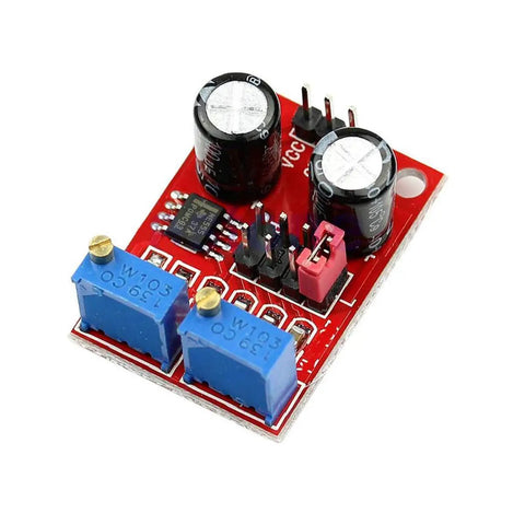 Five Pack NE555 Signal Generator Module Drops Sweet Square Waves Straight Up And Gets The Job Done Perfect For Stepper Motor Tweaks And Weekend Builds Runs Dead Solid On DC Five To Fifteen Volts, close-up of red PCB with capacitors and blue adjusters.
