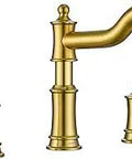 Brushed Gold Deck Mount Tub Faucet With Widespread Spout And Three Hole Two Handle Valve, Ceramic Disc Cartridge Included, Solid Brass