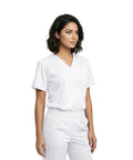 Unisex Relaxed Fit V Neck 3 Pocket Scrub Top With Breathable Side Vents For Nurses Doctors White Medium shown on model.