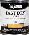 Slick Fast Drying Interior Oil Based Wood Stain In Rich Pecan Shade Half Pint Can with warning label and color swatch.