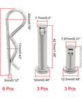 12Pcs 304 Stainless Steel M3 X 65 And M8 Clevis And Hitch Pin Assortment Kit showing detailed sizes of pins