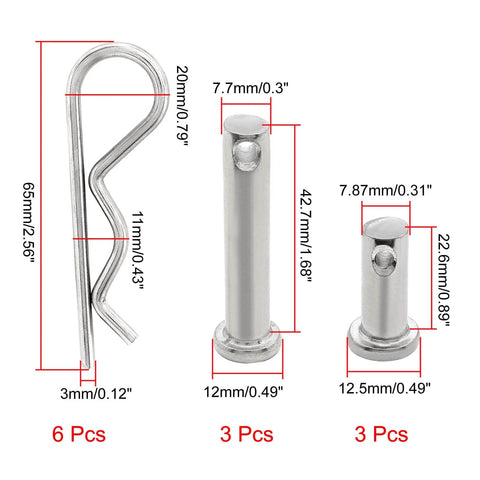 12Pcs 304 Stainless Steel M3 X 65 And M8 Clevis And Hitch Pin Assortment Kit showing detailed sizes of pins