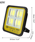 Gritproof Rechargeable Led Work Light With Solar Panel And Remote Control 200 Watt Waterproof Flood Lamp showing dimensions and design details.