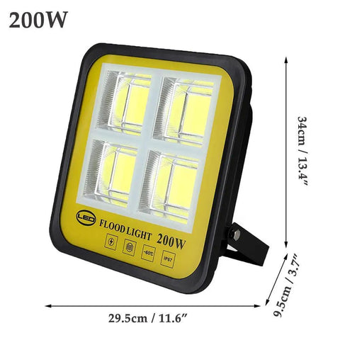 Gritproof Rechargeable Led Work Light With Solar Panel And Remote Control 200 Watt Waterproof Flood Lamp showing dimensions and design details.