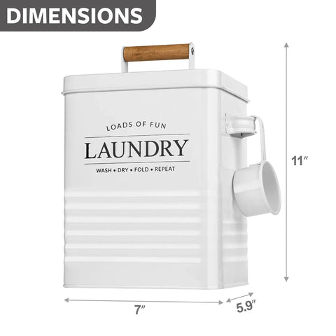Modern Farmhouse Style Metal Laundry Soap Dispenser With Scoop, white steel 7x5.9x11 in, space saving organization