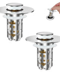 Heavy Duty Two Pack Bathroom Sink Drain Strainer With Slick Pop Up Stopper And Triple Layer Filtering For Fast Water Release And Reliable Hair Trapping Zero Hassle Daily Driver, chrome drain strainer set.