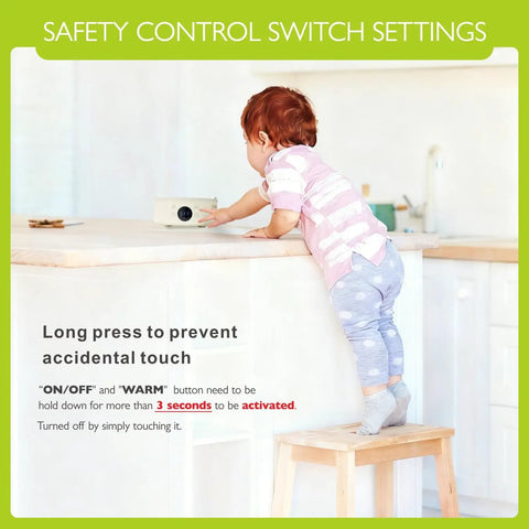 Child using the safety control switch on the Ultra Compact 600W Electric Mini Hot Plate With Nine Precise Heat Settings.