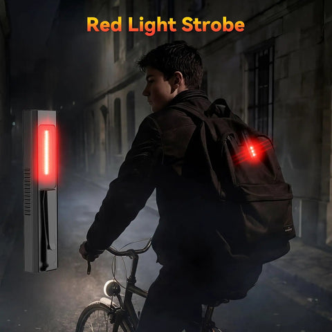 4-In-1 EDC Flat Flashlight USB-C Rechargeable Magnetic Slim Handheld Light with red strobe, attached to a backpack.