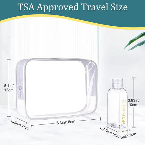Leakproof Travel Bottles 4 Pack 3.4 Oz TSA Approved Squeeze Containers with labeled body soap bottle and clear travel bag