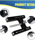 Brake booster push-rod adjustment tool in black aluminum with adjustable pins and knurled knob for master cylinder.