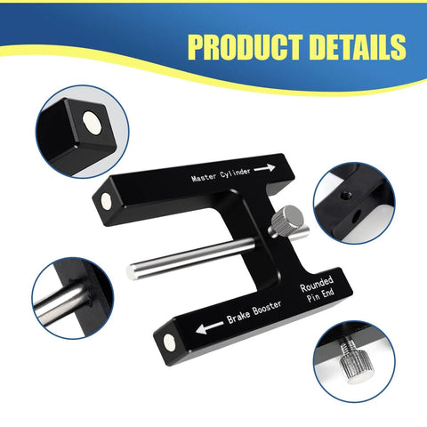 Brake booster push-rod adjustment tool in black aluminum with adjustable pins and knurled knob for master cylinder.