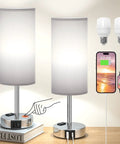 Three Way Dimmable Touch Lamps For Bedrooms Set Of 2 With USB C Ports And Outlets, grey nightstand lamps, bulbs, phone charging