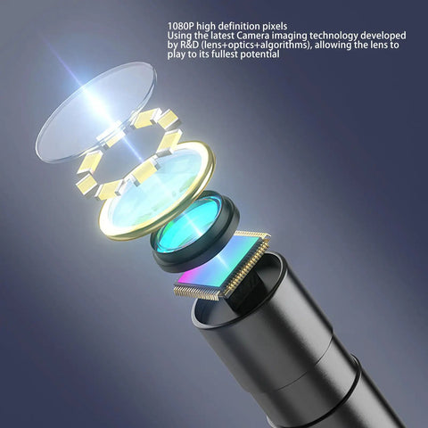 Exploded view of lens components showing 1080P HD optics of Industrial Endoscope 1080P HD 8mm Borescope With 4.3 Inch Screen.
