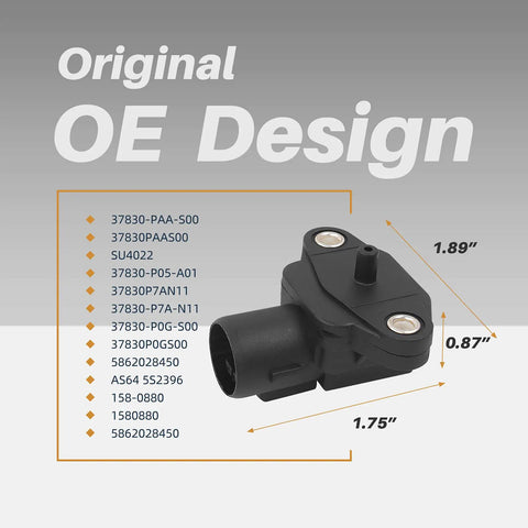 MAP Sensor Replacement For Honda Civic 1996-2000, Accord 1994-2002, Odyssey 1995-1999, Acura Integra 1994-2001, CL TL 1997-1999, Direct-Fit OEM 37830-PAA-S00 Plug And Play black sensor, 1.89 x 1.75 x 0.87 in