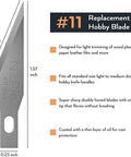 Close-up of a replacement hobby blade labeled as size 11 with description of features, part of 123 Piece Hobby Knife Set With 3 Carving Craft Knives And 120 Size 11 SK5 High Carbon Steel Blades Refills In A Safe Case, Precision Cutter Kit For Leather Art Scrapbooking Foam Clay Carving And Detailed Work.