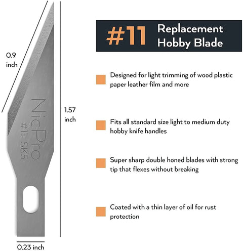 Close-up of a replacement hobby blade labeled as size 11 with description of features, part of 123 Piece Hobby Knife Set With 3 Carving Craft Knives And 120 Size 11 SK5 High Carbon Steel Blades Refills In A Safe Case, Precision Cutter Kit For Leather Art Scrapbooking Foam Clay Carving And Detailed Work.