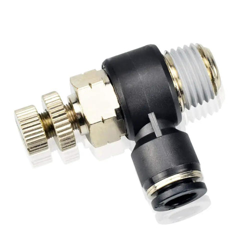 Three Pack Push To Connect Air Line Fittings With Ninety Degree Elbow And Air Flow Control Valve One Quarter Inch Tube Outer Diameter By Three Eighths Inch NPT Thread Pneumatic Quick Fit For DIY Shop Use Handy Air Tool Setup