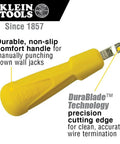Yellow punchdown tool with non-slip handle and DuraBlade technology for the Coax Installation Kit With Crimp Tool, Cable Cutter, Stripper.
