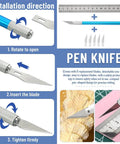 28 Piece Model Tools Kit For Hobby Builders showcasing pen knife with replaceable blades installation instructions.