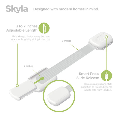 12 Pack Baby Proofing Child Safety Locks With 3M Adhesive No Screws Or Magnets For Cabinets Drawers Ovens Toilet Seats And More Easy Peasy Multi Use Furniture Kitchen Kidproofing showing adjustable length and smart press slide release feature.