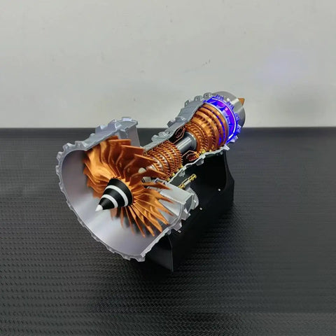 Simulated Turbofan Aircraft Engine Model Kit With LED Light, Rechargeable Version, cutaway view showing brass gears