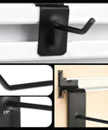 Close-up of 10 Pack 6 Inch Heavy Duty Slat Wall Hooks for Garage Organization, J Shaped Steel Utility Hanger Installation