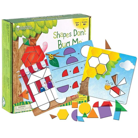 Shapes Dont Bug Me Geometry Activity Set With 136 Pieces for Kids ages 5 and up, featuring colorful shapes and activity cards.