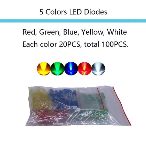 All In One Electronic Component Kit With 1390 Pieces Including LED Diodes in red, green, blue, yellow, white in plastic bag