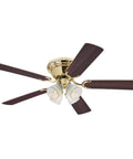Contempra IV Indoor Ceiling Fan With Light, 52 Inch, Brass Finish, reversible walnut and oak blades, LED light kit, clear ribbed glass