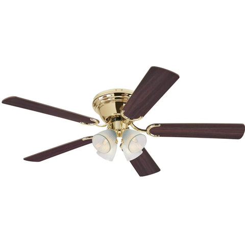 Contempra IV Indoor Ceiling Fan With Light, 52 Inch, Brass Finish, reversible walnut and oak blades, LED light kit, clear ribbed glass