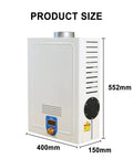 Kick Cold Showers To The Curb Diesel Kerosene Tankless Water Heater Digital Display showing size dimensions 552mm high and 400mm wide.