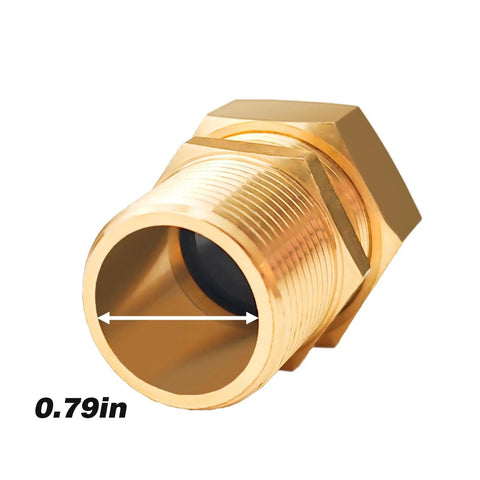 Close-up of 2 Pack Three Quarter Inch NPT Male Nipple Brass Pipe Fittings showing hex brass tone with 0.79-inch measurement.