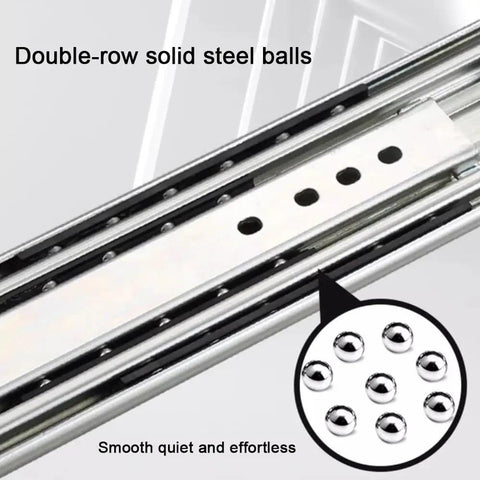 Close-up of Beefy Full Extension Drawer Slides for Tool Boxes, double-row solid steel balls, Heavy Duty Side Mount Runners.
