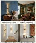 Two Pack Battery Operated Wall Sconces With 16000mAh Rechargeable Battery in bedroom, study, hallway, and living room settings.
