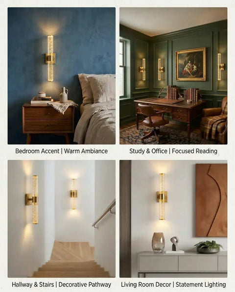 Two Pack Battery Operated Wall Sconces With 16000mAh Rechargeable Battery in bedroom, study, hallway, and living room settings.