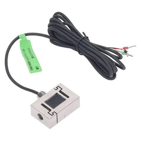 Heavy Duty S Beam Load Cell Sensor For Precision Force Measurement In Industrial Weighing Systems 100N Capacity With Tension And Compression Stainless Steel Transducer Built To Handle Tough Lab And Factory Applications. Stainless steel sensor with connected cables.