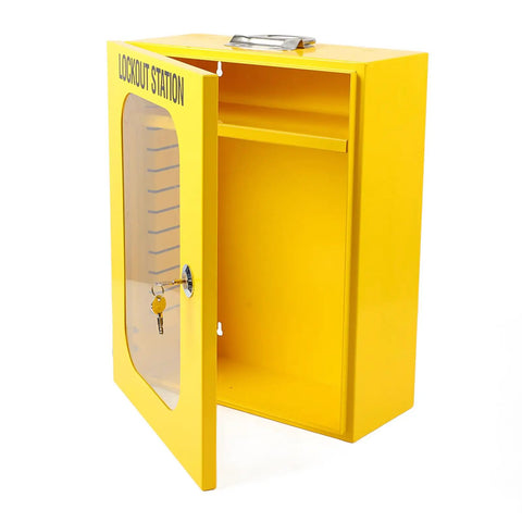Tough As Nails Heavy Duty Lockout Tagout Station Wall Mounted Loto Cabinet With Shatterproof Clear Door open view showing key and interior space.