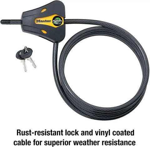 Keyed Alike Trail Camera Cable Locks 4 Pack With 8 Keys Adjustable Python Locks Camouflage Finish Ideal For Outdoor Security Keeping Your Trail Camera Safe From Theft With One Key For All Locks shown with black cable and keys